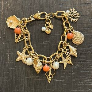 Brighton Bracelet Sea Charms Pearl Coral Orange Gold Tone Chain Nautical Vacay‌